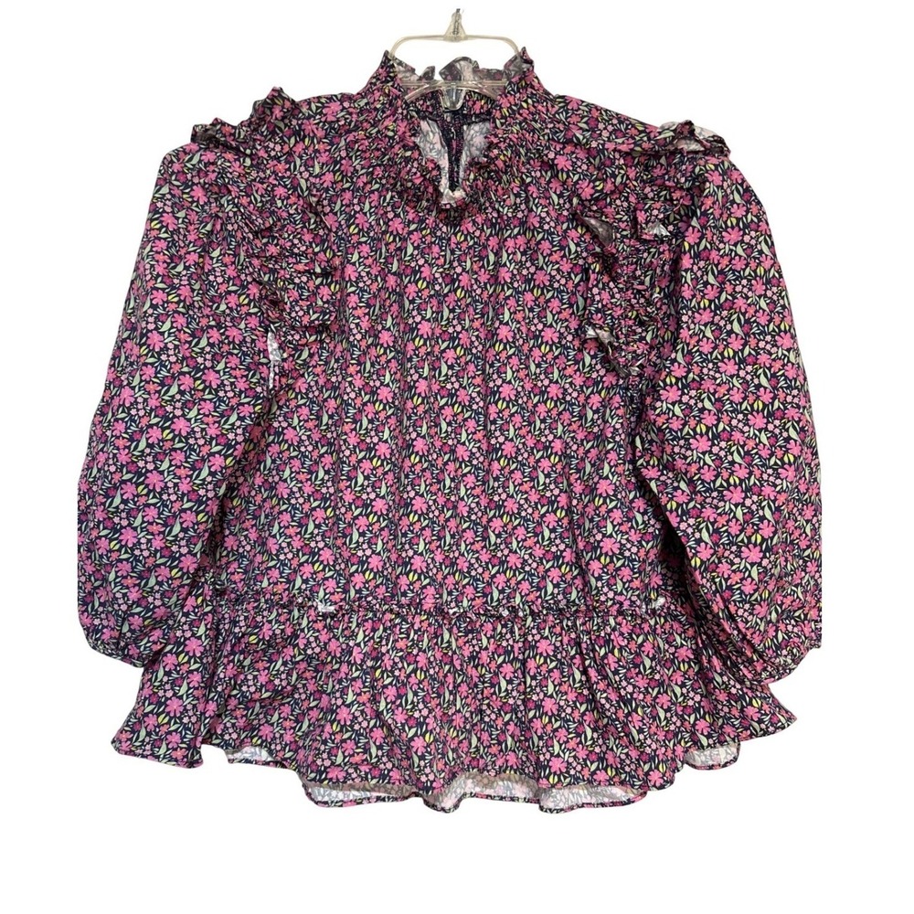 Meet Me in Santorini Floral Ruffle‎ Trim Top Long Sleeve Medium
